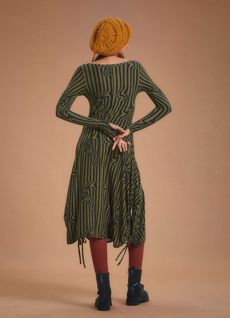 Boat Neck Thumb Hole Side Strings Khaki Pattern Dress