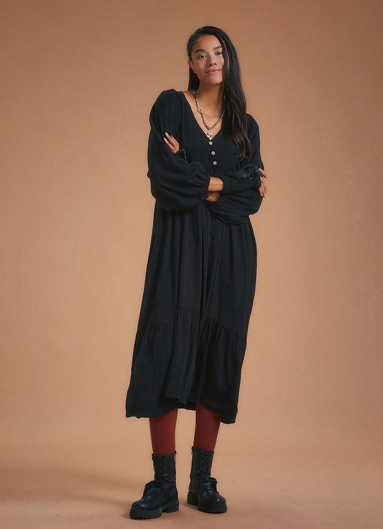 Long Puff Sleeve Black Long Tiered Dress