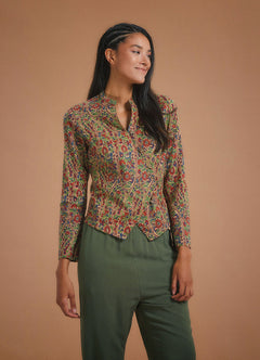 Flower Print Mandarin Collar Slim Cut Jacket Shirt