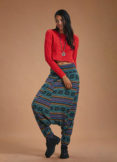 Shirred Waist Petrol Patterned Shalwar Trousers