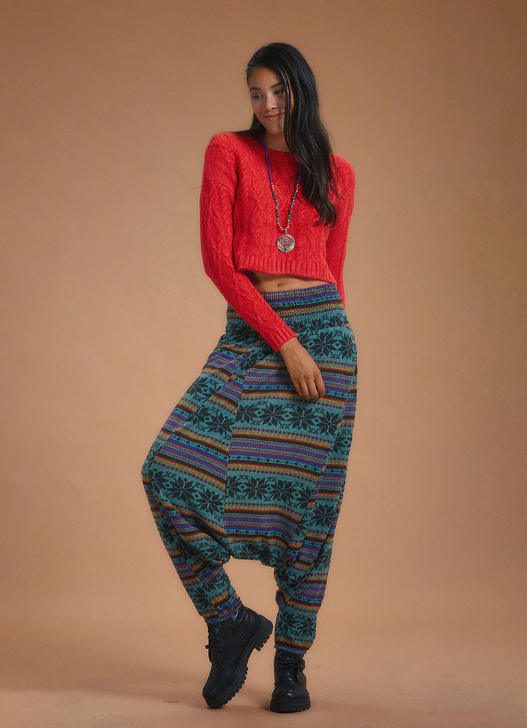 Shirred Waist Petrol Patterned Shalwar Trousers
