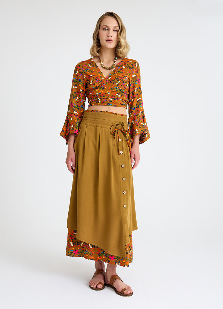 Double Layered Mustard Long Skirt with Pocket and Button Detail 4691