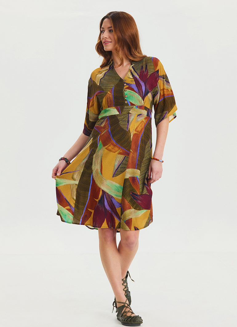 Button Detailed V Neck Half Sleeve Khaki Midi Dress 4446