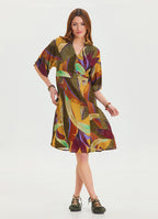 Button Detailed V Neck Half Sleeve Khaki Midi Dress 4446