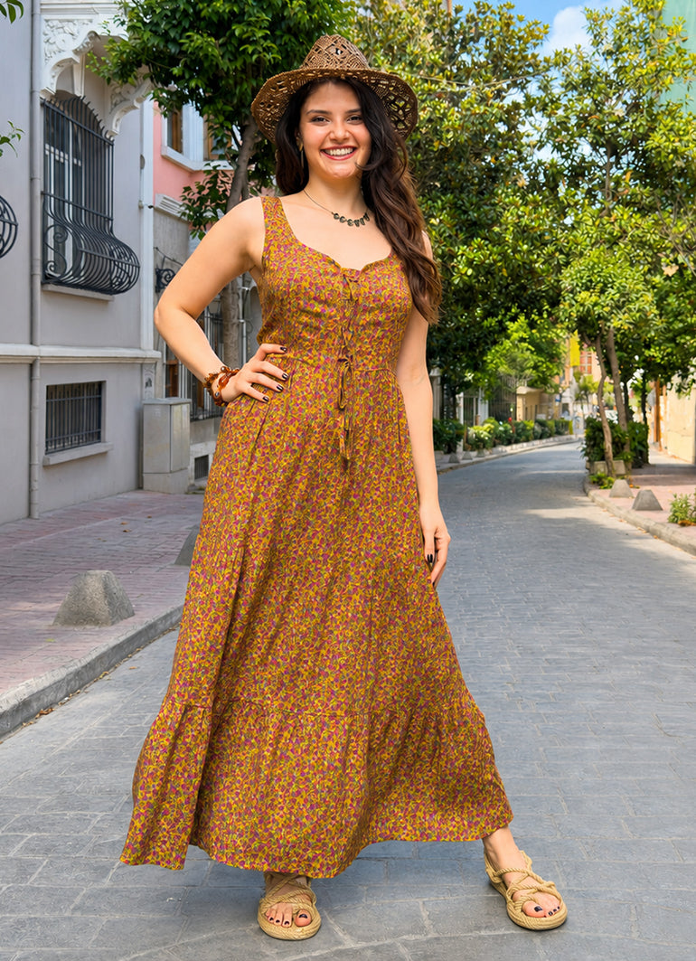 Wide Neckline Front Lace Up Green Floral Dress 5024