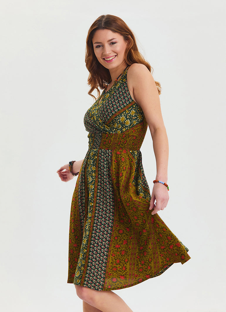 V Neck Robe Green Patterned Midi Dress 4511