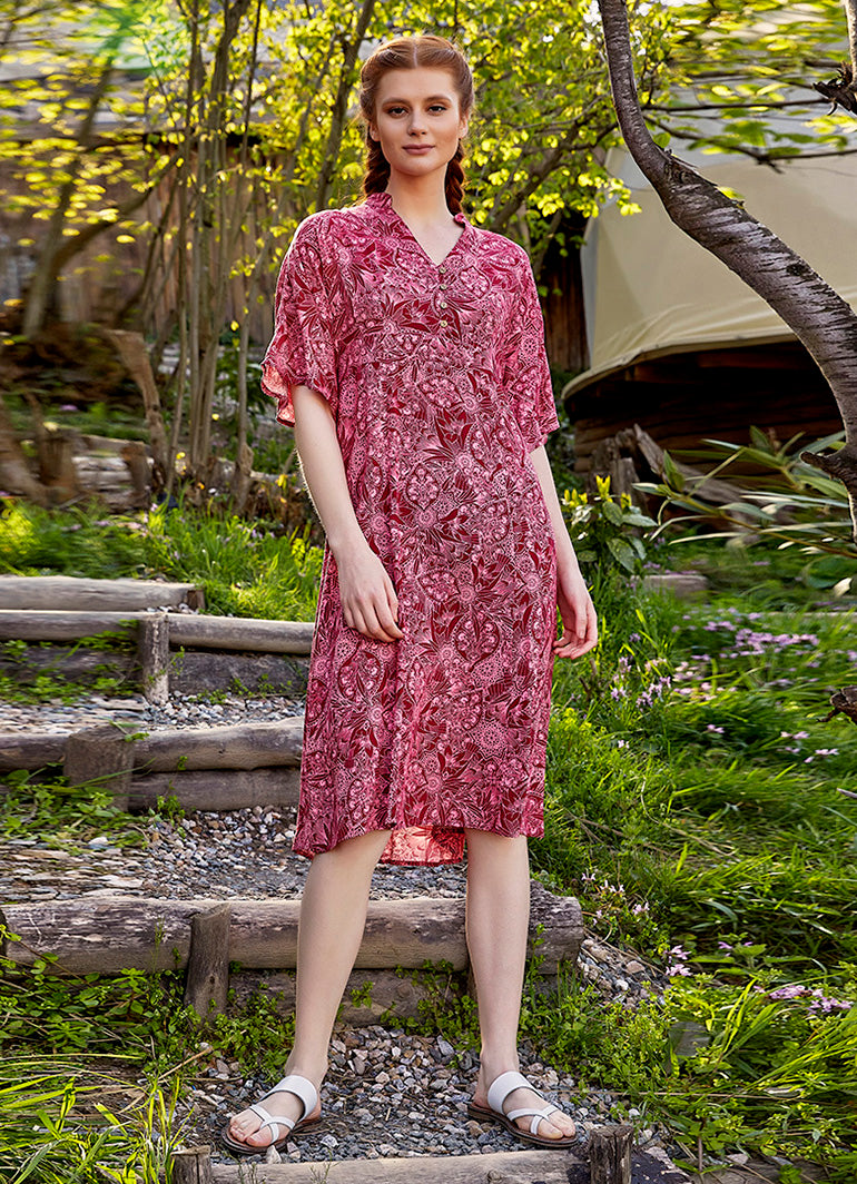 Patterned Button Detailed V Neck Half Sleeve Green Midi Dress 4448