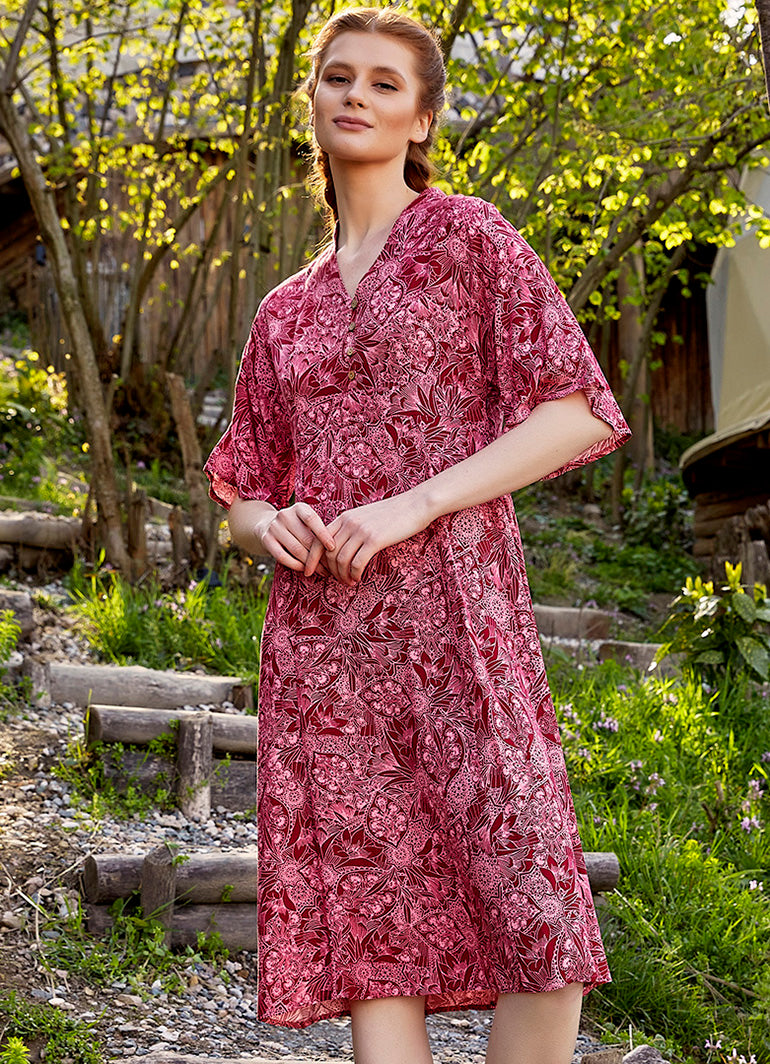 Patterned Button Detailed V Neck Half Sleeve Green Midi Dress 4448