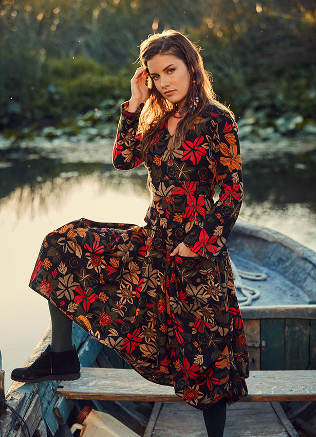Floral Pattern Asymmetrical Hem Long Sleeve Dress