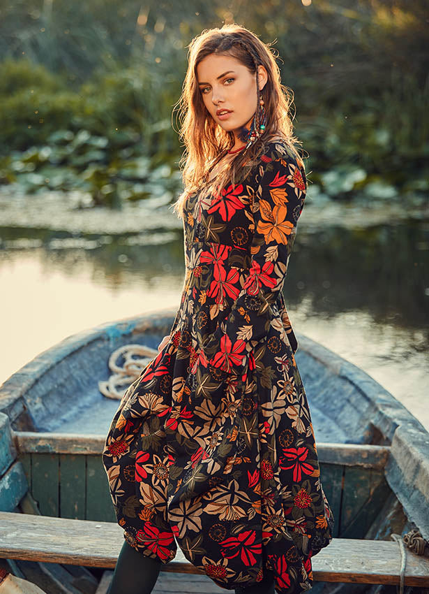 Floral Pattern Asymmetrical Hem Long Sleeve Dress
