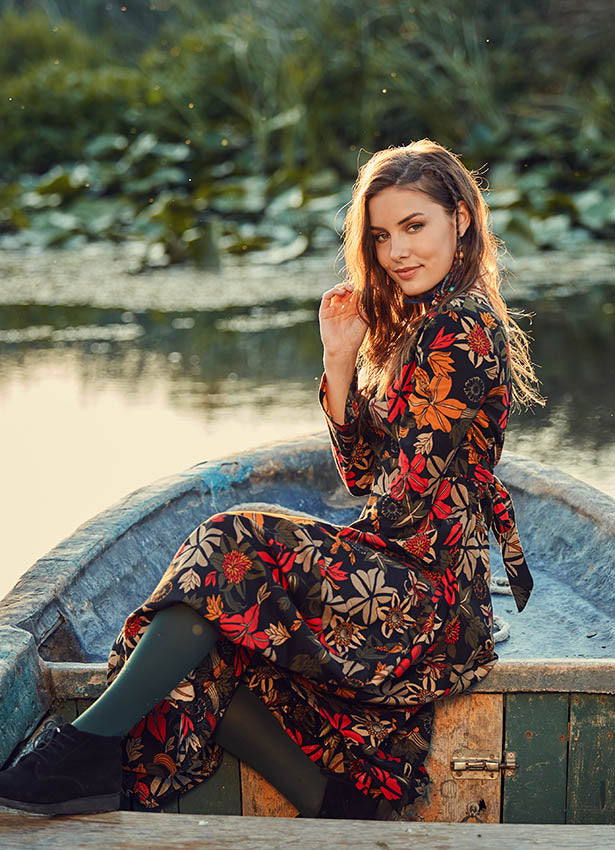 Floral Pattern Asymmetrical Hem Long Sleeve Dress