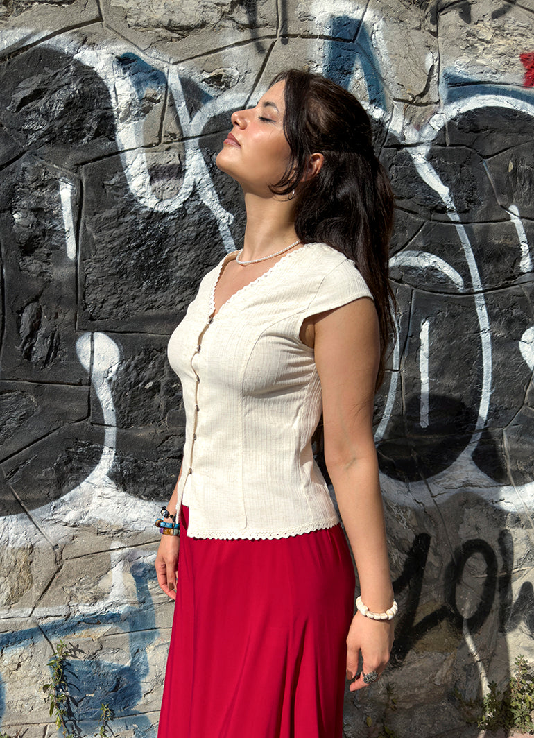 V Neck Buttoned Short-Sleeved Cream Summer Blouse