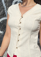 V Neck Buttoned Short-Sleeved Cream Summer Blouse