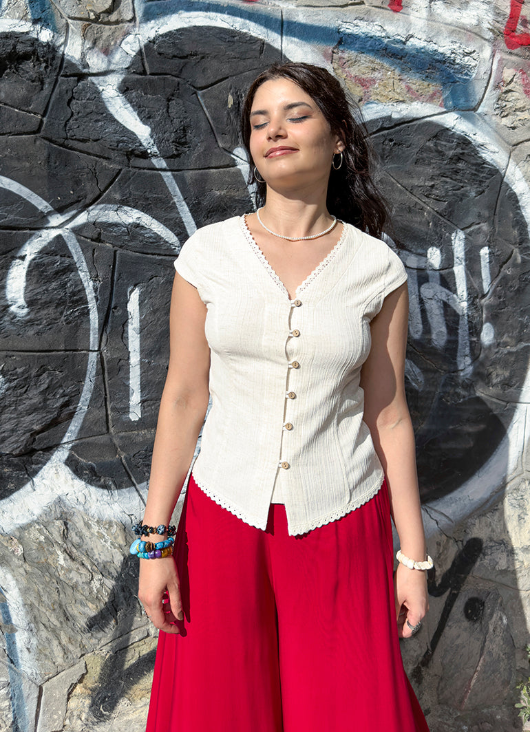 V Neck Buttoned Short-Sleeved Cream Summer Blouse