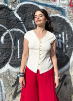 V Neck Buttoned Short-Sleeved Cream Summer Blouse