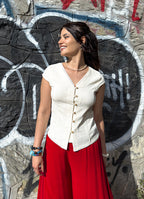V Neck Buttoned Short-Sleeved Cream Summer Blouse