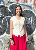 V Neck Buttoned Short-Sleeved Cream Summer Blouse