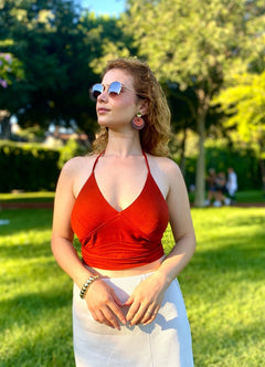 Halter Neck Open Back Terracotta Crop Blouse