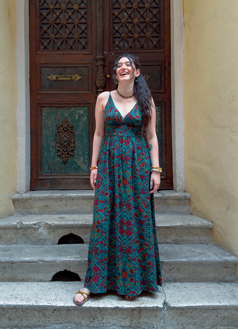 V Neck Backless Green Patterned Dress 5019