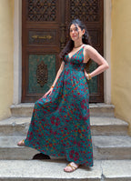 V Neck Backless Green Patterned Dress 5019