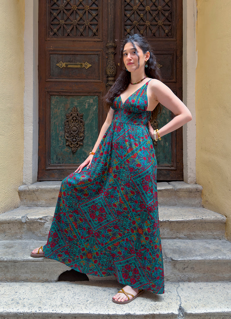 V Neck Backless Green Patterned Dress 5019