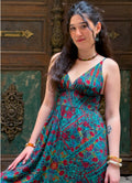 V Neck Backless Green Patterned Dress 5019