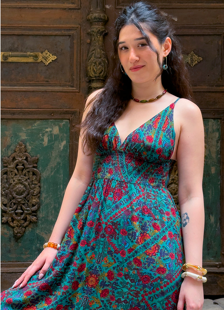 V Neck Backless Green Patterned Dress 5019