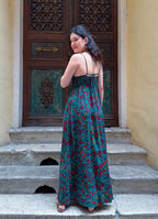 V Neck Backless Green Patterned Dress 5019