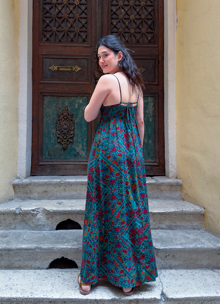 V Neck Backless Green Patterned Dress 5019