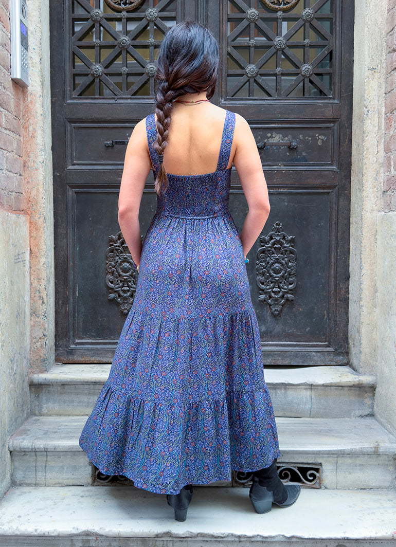Wide Neckline Front Lace Up Navy Floral Dress 5018