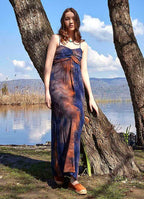 Strapless Long Navy Blue Tie Dye Daily Dress
