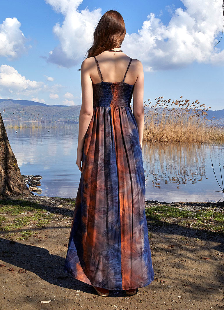 Strapless Long Navy Blue Tie Dye Daily Dress