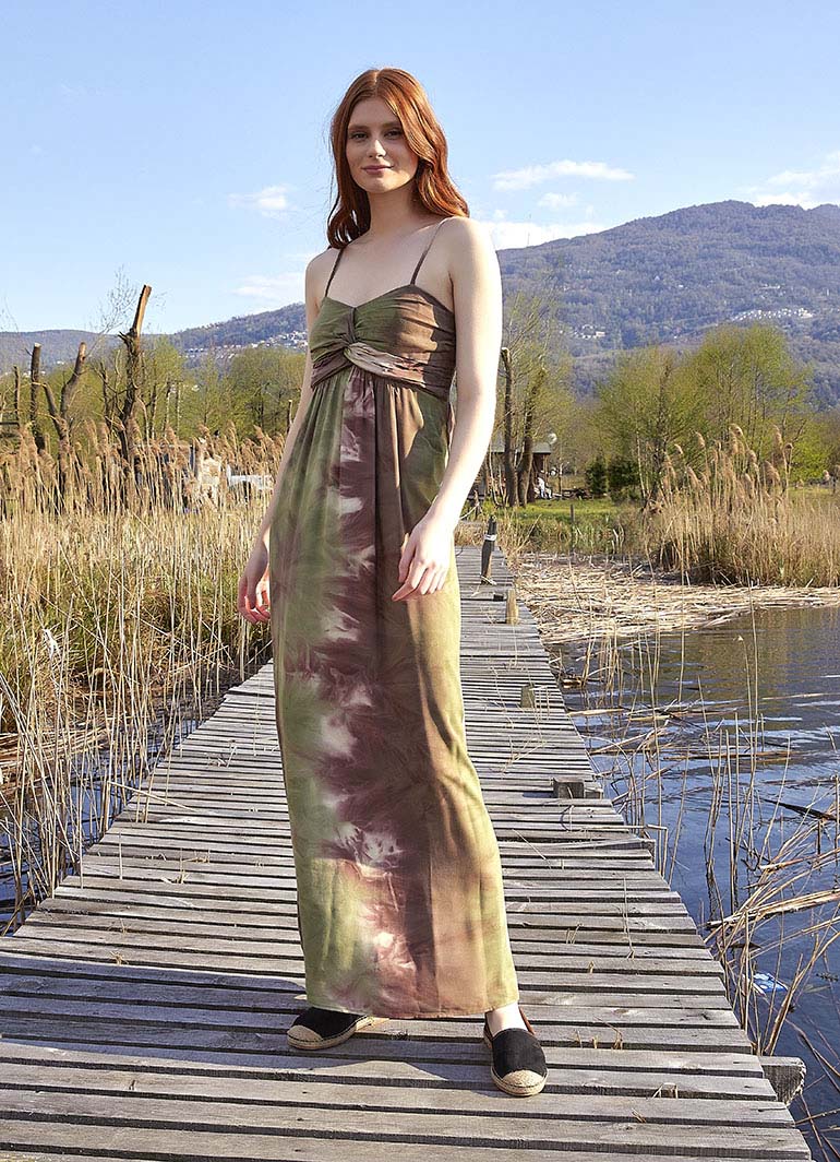 Strapless Long Khaki Tie Dye Summer Dress