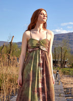 Strapless Long Khaki Tie Dye Summer Dress