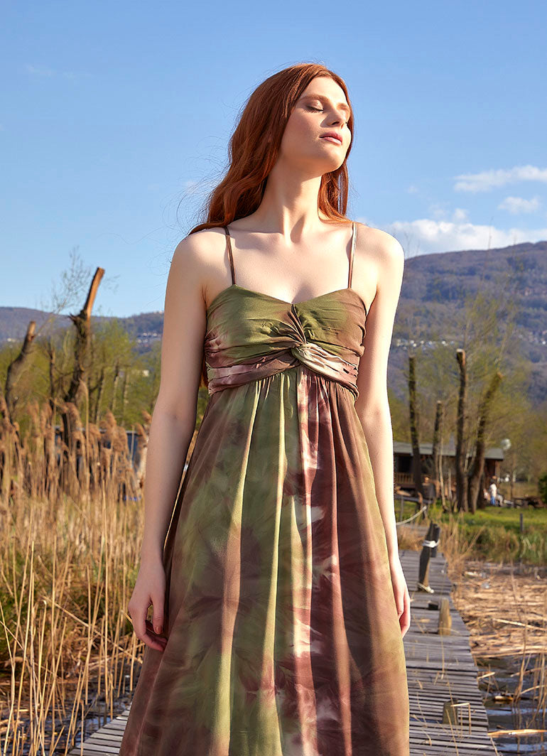 Strapless Long Khaki Tie Dye Summer Dress