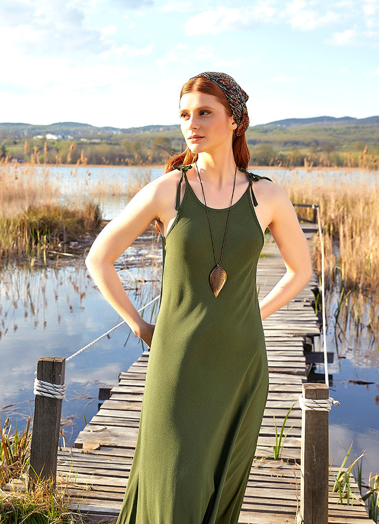 Halter Neckline Strappy Maxi Khaki Sundress