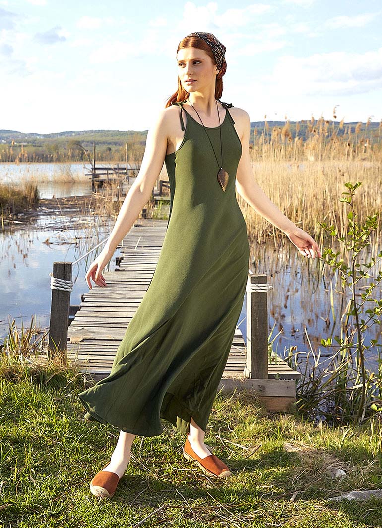 Halter Neckline Strappy Maxi Khaki Sundress