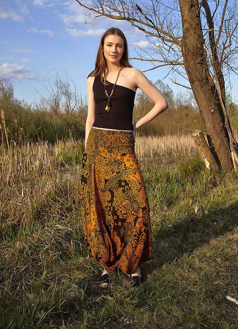 Orange Print Shirred Elastic Waistband Harem Pants