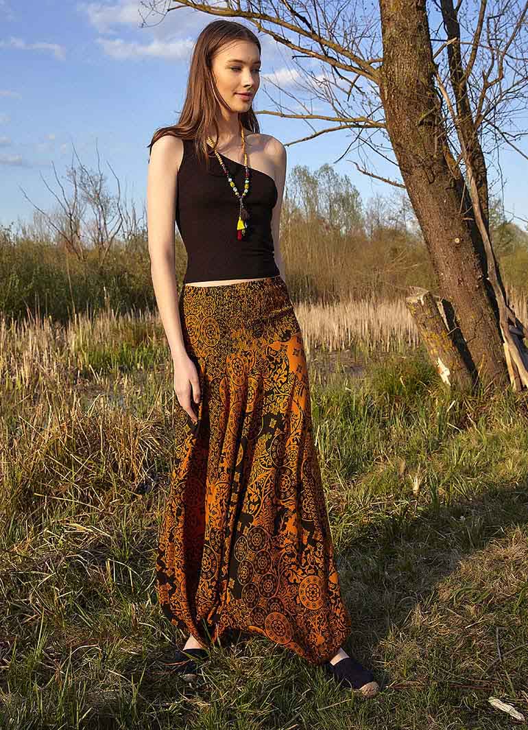 Orange Print Shirred Elastic Waistband Harem Pants