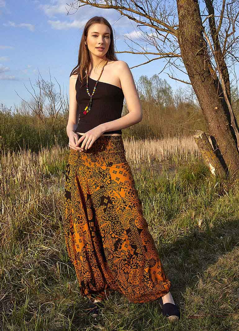 Orange Print Shirred Elastic Waistband Harem Pants