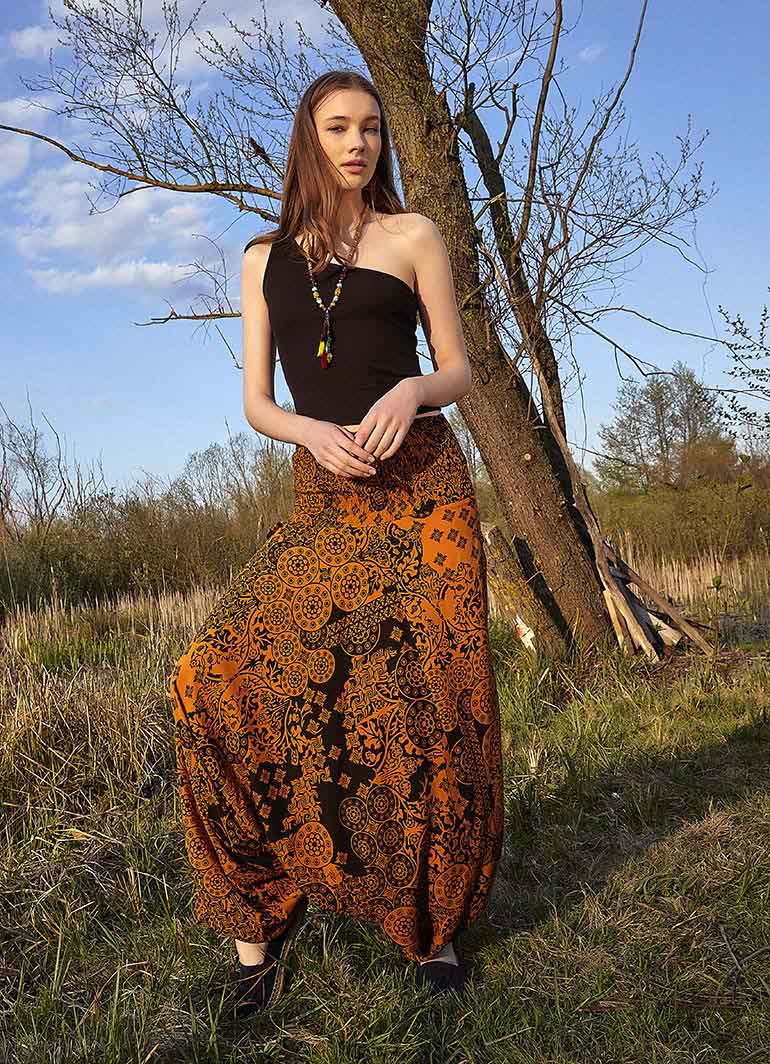 Orange Print Shirred Elastic Waistband Harem Pants