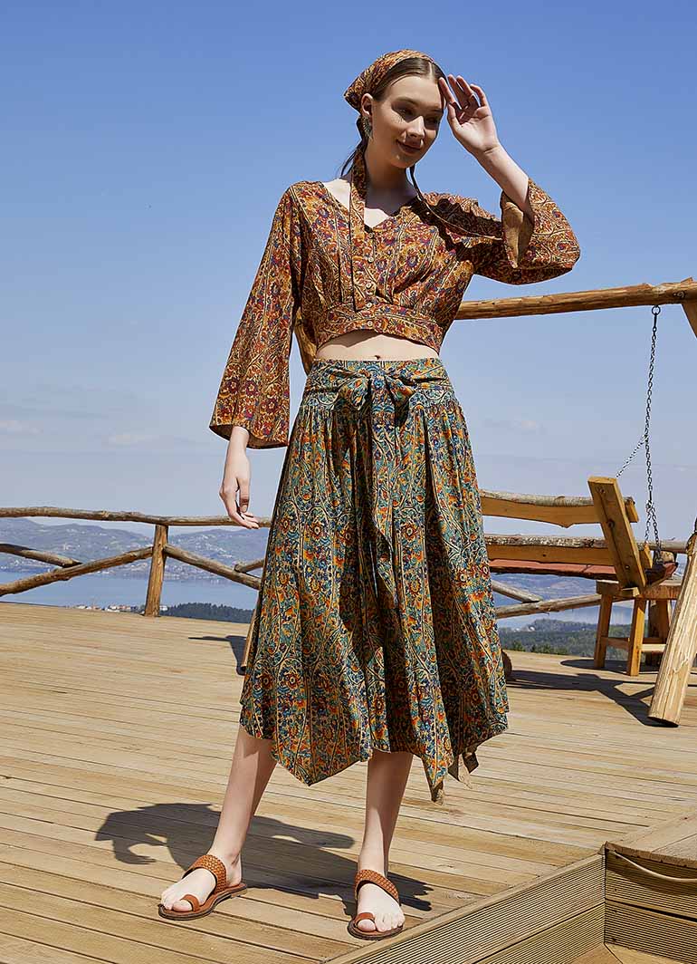Petrol Pera Asymmetrical Hem Flowy Midi Skirt