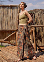Khaki Patterned Elastic Waistband Wrap Front Culottes