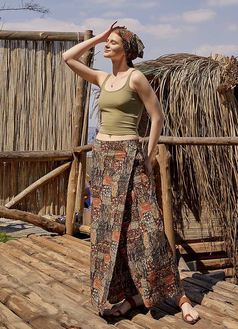 Khaki Patterned Elastic Waistband Wrap Front Culottes