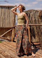Khaki Patterned Elastic Waistband Wrap Front Culottes