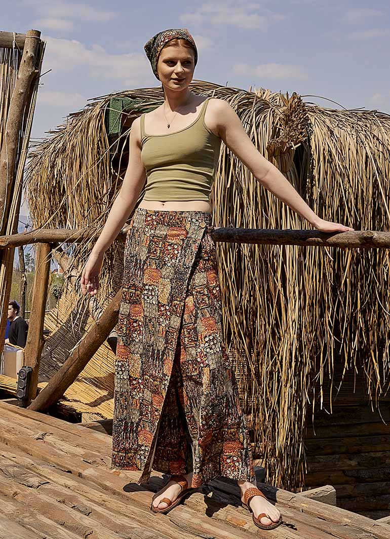 Khaki Patterned Elastic Waistband Wrap Front Culottes