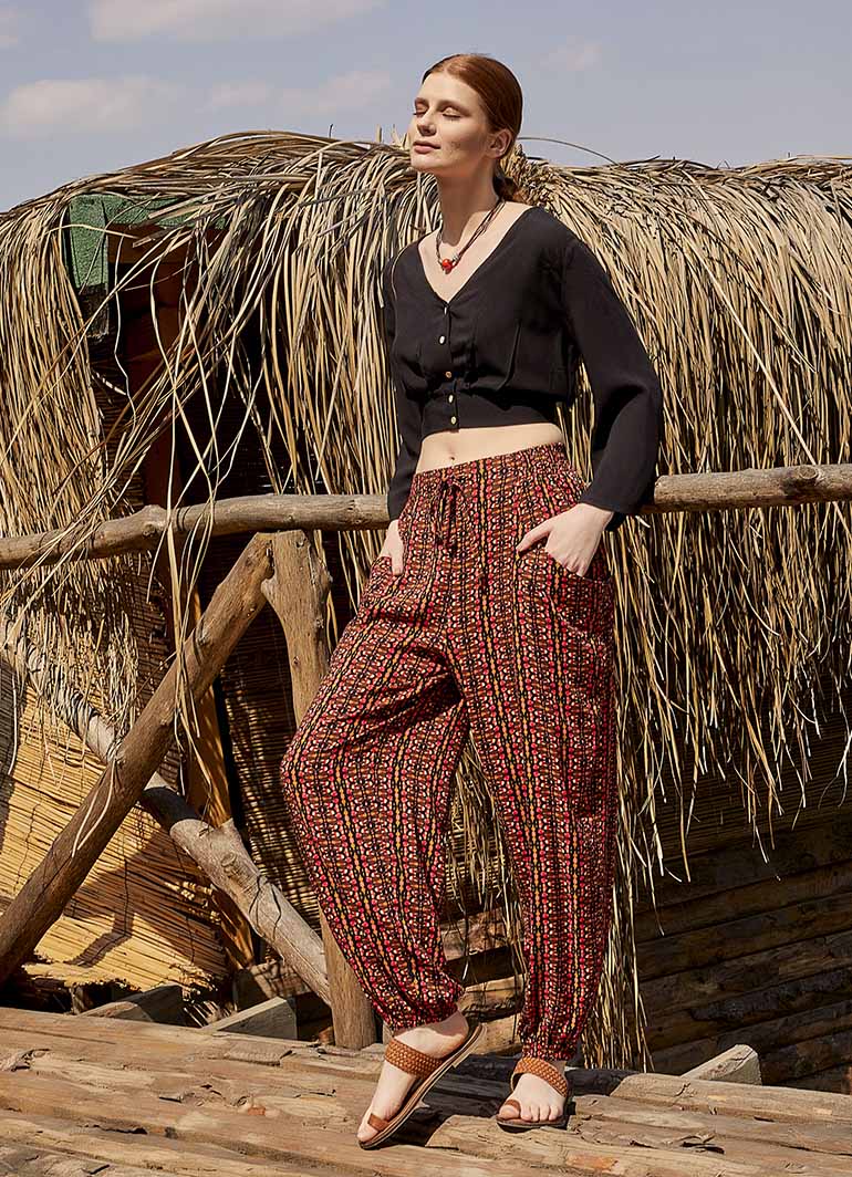 Orange Patterned Bohemian Style Flowy Baggy Trousers