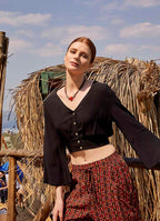 Shirred Back  Long Sleeve Black Bohemian Crop Top