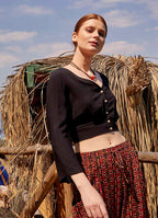 Shirred Back  Long Sleeve Black Bohemian Crop Top