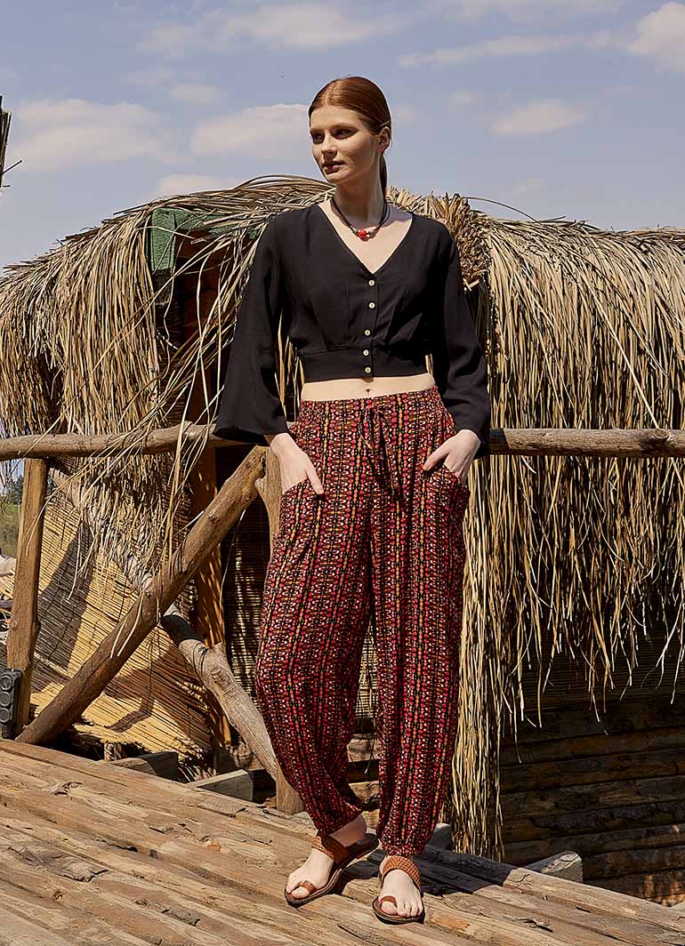 Orange Patterned Bohemian Style Flowy Baggy Trousers